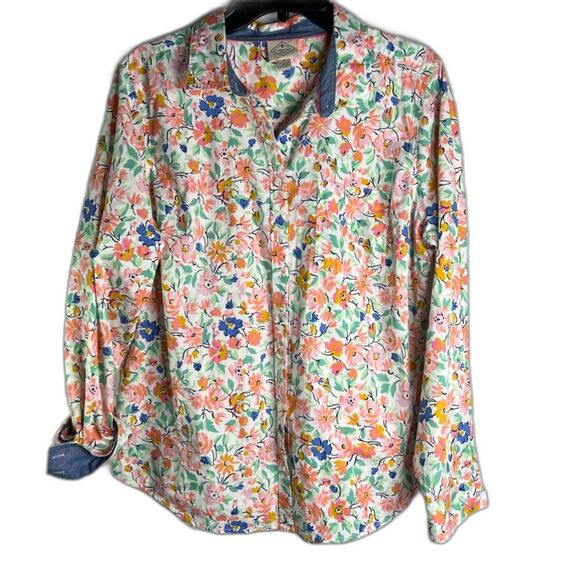 St Johns‎ Bay Cotton Long Sleeve Contrast Cuff White Floral Button Front Sz XL - Picture 1 of 8